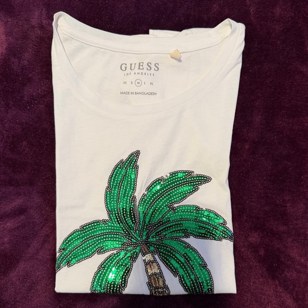 Guess White Short Sleeve Tee with Green Sequin Palm | M